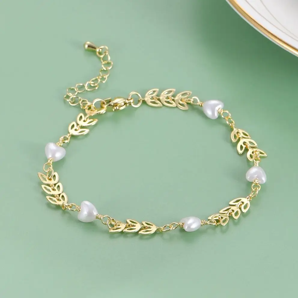Klassische Mode Gold Farbe Blätter Perle Armband Frauen Edelstahl Wasserdichte Kette Charme Armbänder Weibliche Party Handgelenk Schmuck