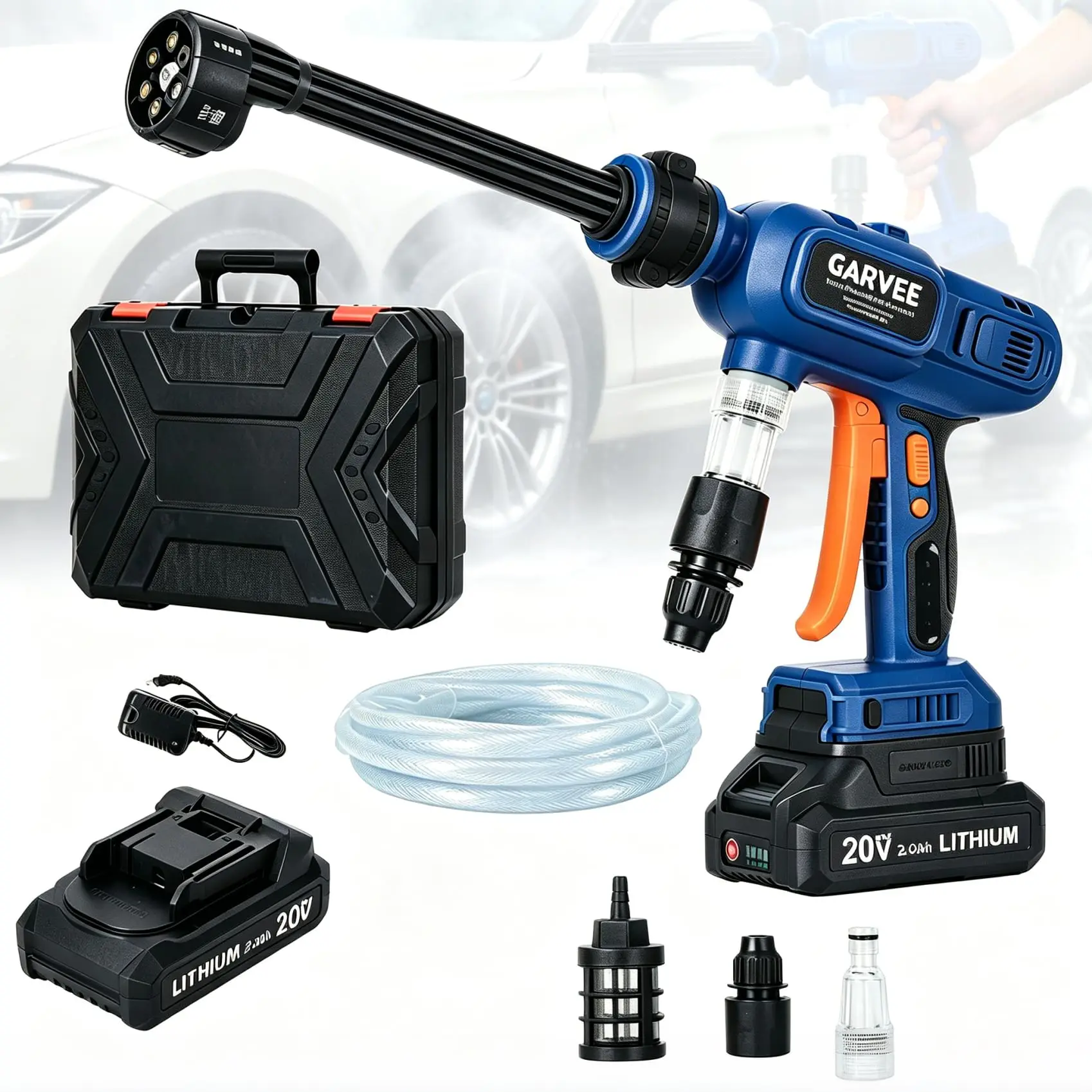 Idropulitrice a batteria, pulitore portatile senza spazzole da 300 W, pistola ad acqua a batteria da 1300 PSI con ugello 6 in 1, sistema di autoaspirazione, elevazione verticale da 1,5 m, 20.000