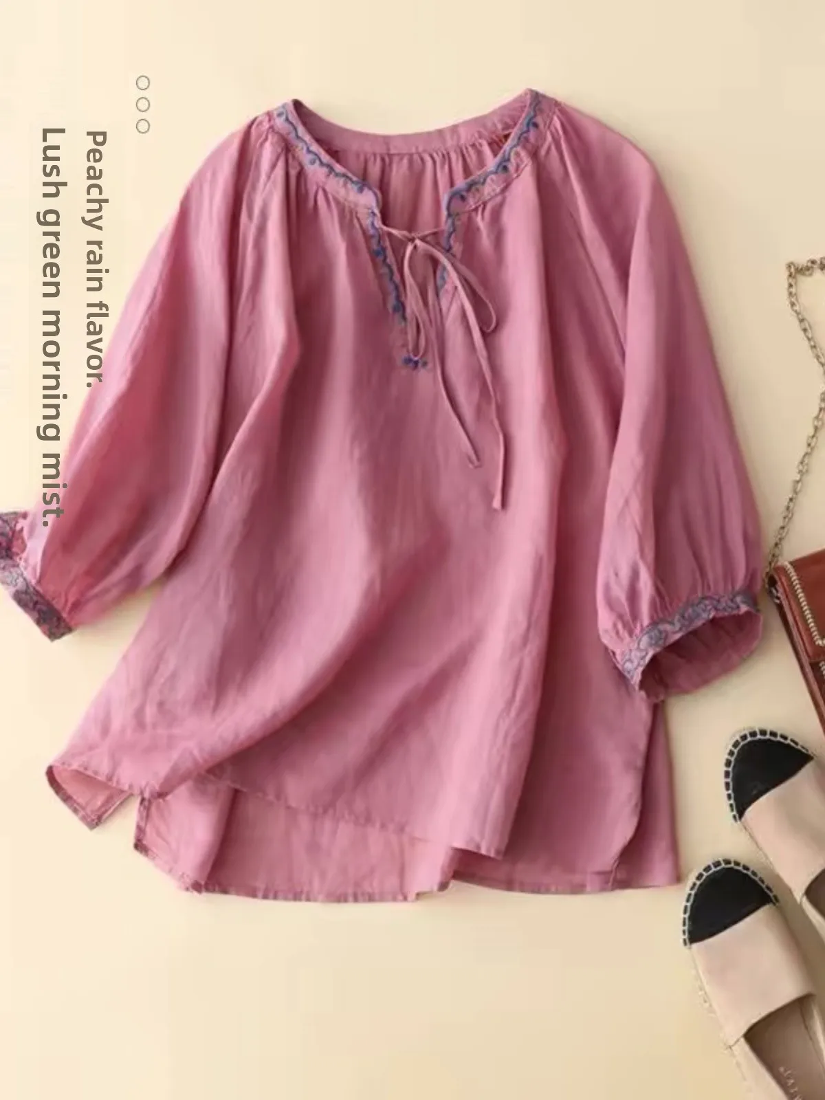 Top Estivo da Donna in Cotone e Lino, Design con Scollo a V, Ricamato, Versatile, Taglia Grande, Maglietta a Cinque Tasche