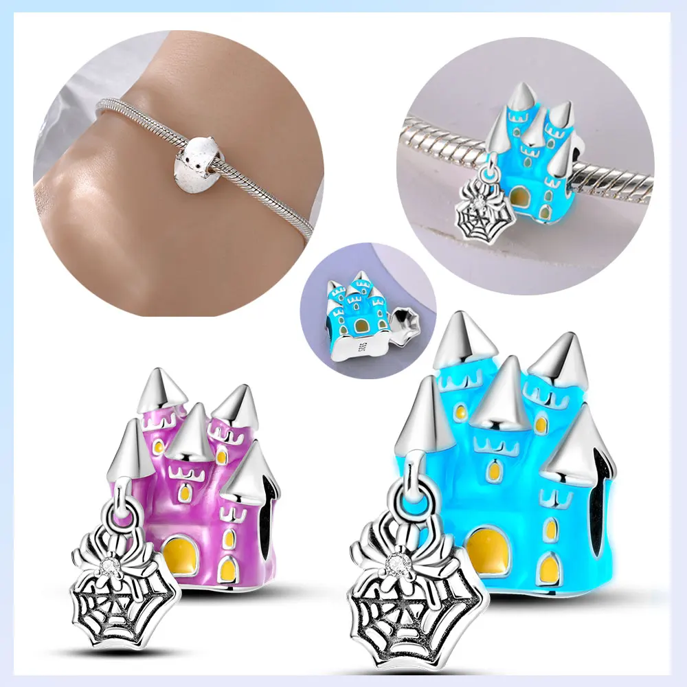 925 Silver Plated Original Charms Halloween Spider Haunted House Luminous Ghost Pumpkin Beads Fit Bracelet Women's Jewelry Gift