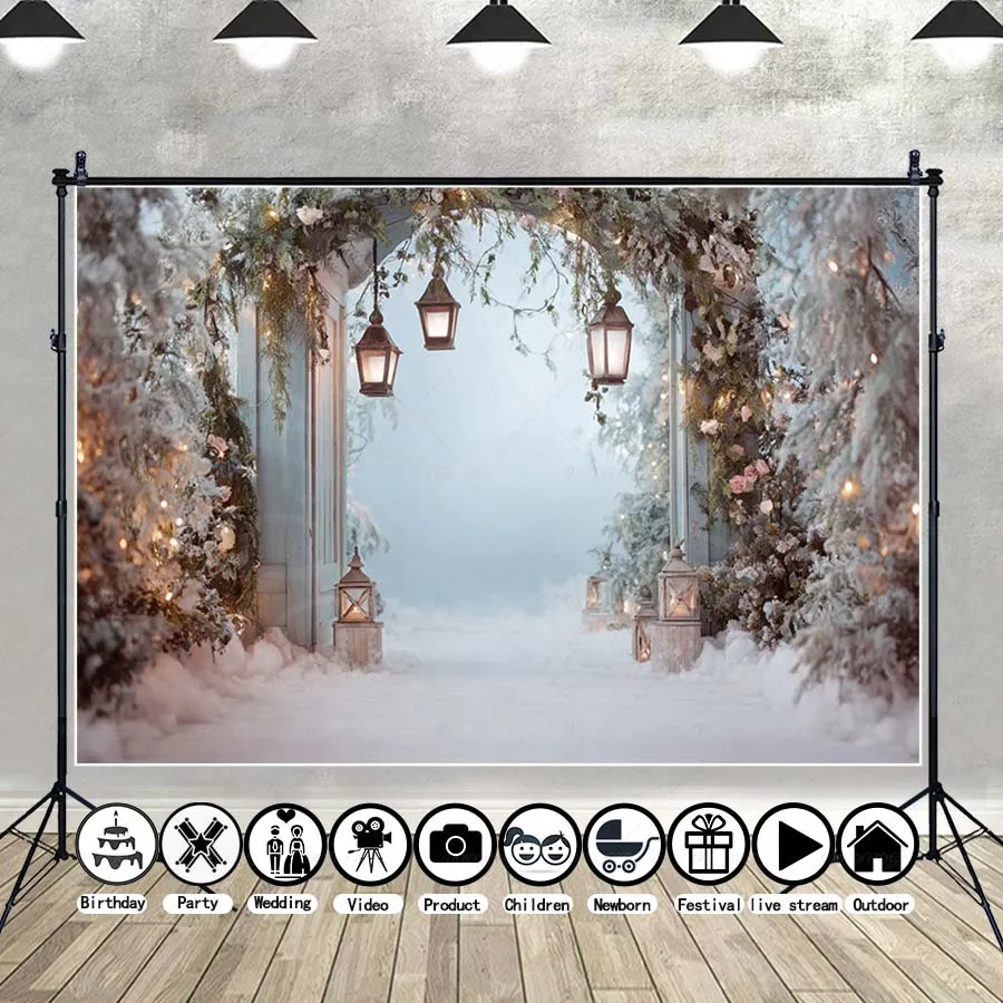 

MOON.QG Arch Door Christmas Photo Background Xmas Tree Candles Light Backdrop Photography Accessories Shooting Photography Props