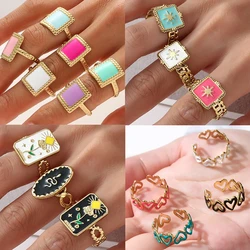 Boho Multicolor Enamel Hollow Heart Square Open Rings For Women Gold Plated Stainless Steel Belt Chain Rings Luxury Jewelry Gift