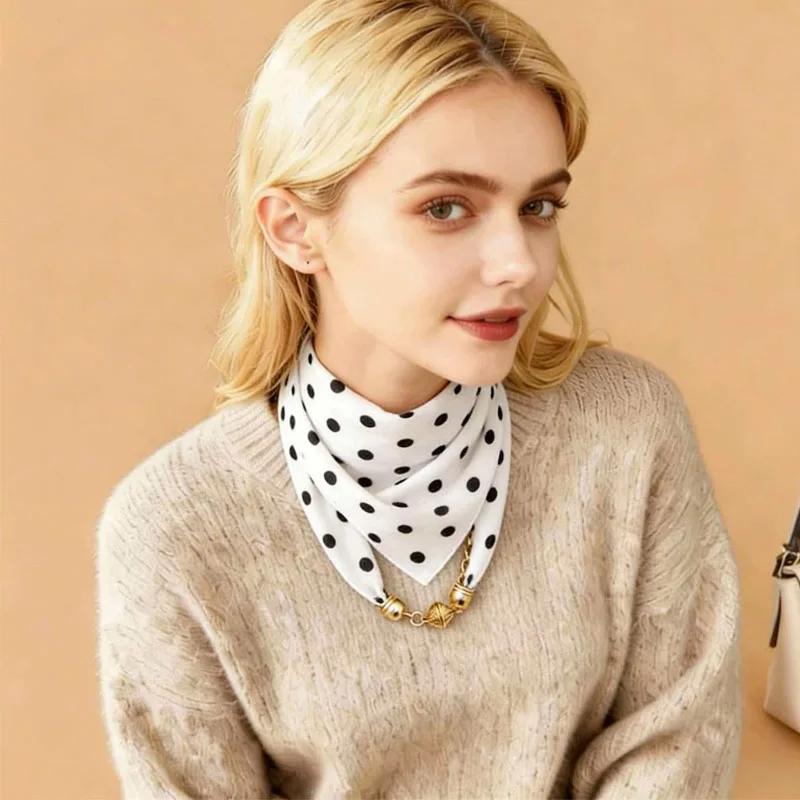 New Magnetic Buckle Polka Dots Silk Scarf Women Summer Sun Protection Chiffon Wraps Neck Shawl Fashion Cross Scarves Breathable