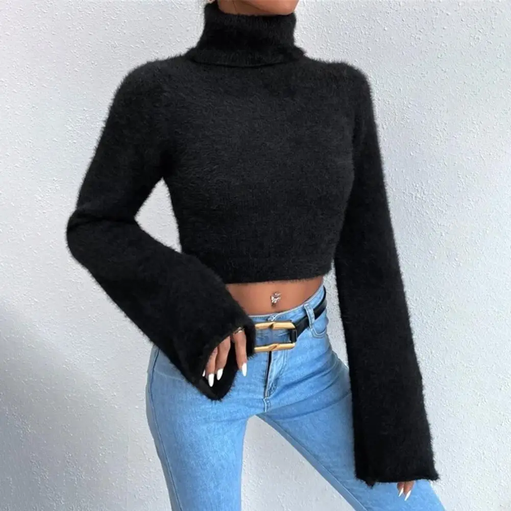 Women Plush Pullover Stylish Women's High Collar Cropped Sweater with Flared Long Sleeves Solid Color Slim Fit Top for Exposed