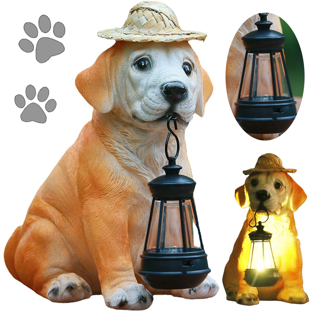 Statue di cani da giardino in resina con cappello di paglia e lanterna solare a LED per esterni decorazioni per esterni a luce solare per veranda da giardino