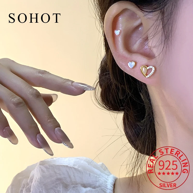 

Real 925 Sterling Silver Mini Heart Zircon Hollow Stud Earrings For Charm Women Exquisite Fine Jewelry Light Luxury Accessories