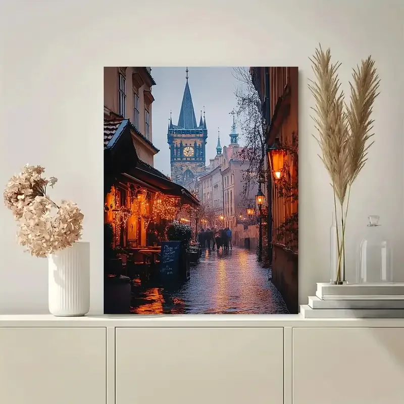 [2D Flat] 1pc Old Prague Cityscape Canvas Painting - Vintage Czech Republic Wall Art with Recycled No Frame, Textured Surface
