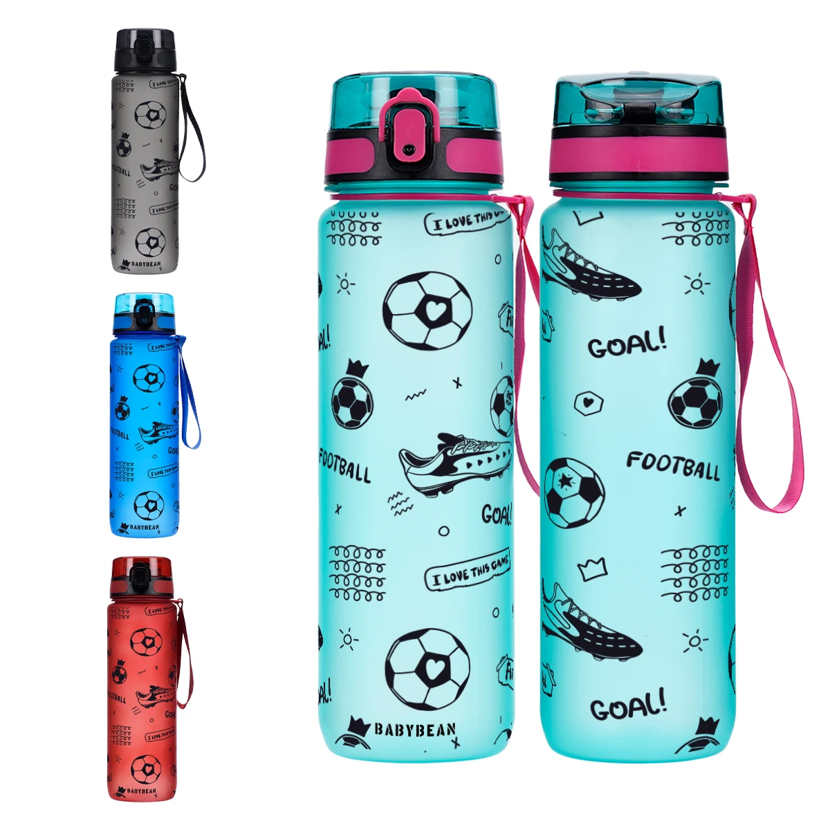 750ml Football Print Sports Water Bottle Flip Top Leakproof Portable Lanyard Water Cup For Kids Student Gym Outdoor Soccer Fans