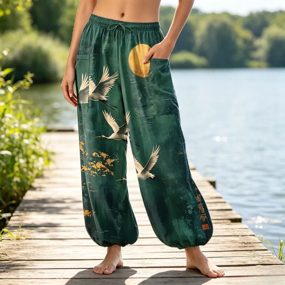 Women Bohemian Thai Print Cotton Jogger Trousers Relaxed Fit Elastic Waist & Ankle Cuff Lightweight Lounge Pants Travel Holiday