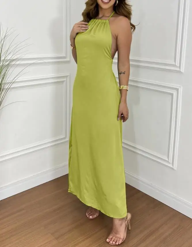 

Midi Dress Woman Hanging Neck Suspender Sleeveless Backless Long Skirt Casual Slit Vacation Dress Women's Sexy Solid Color Dress