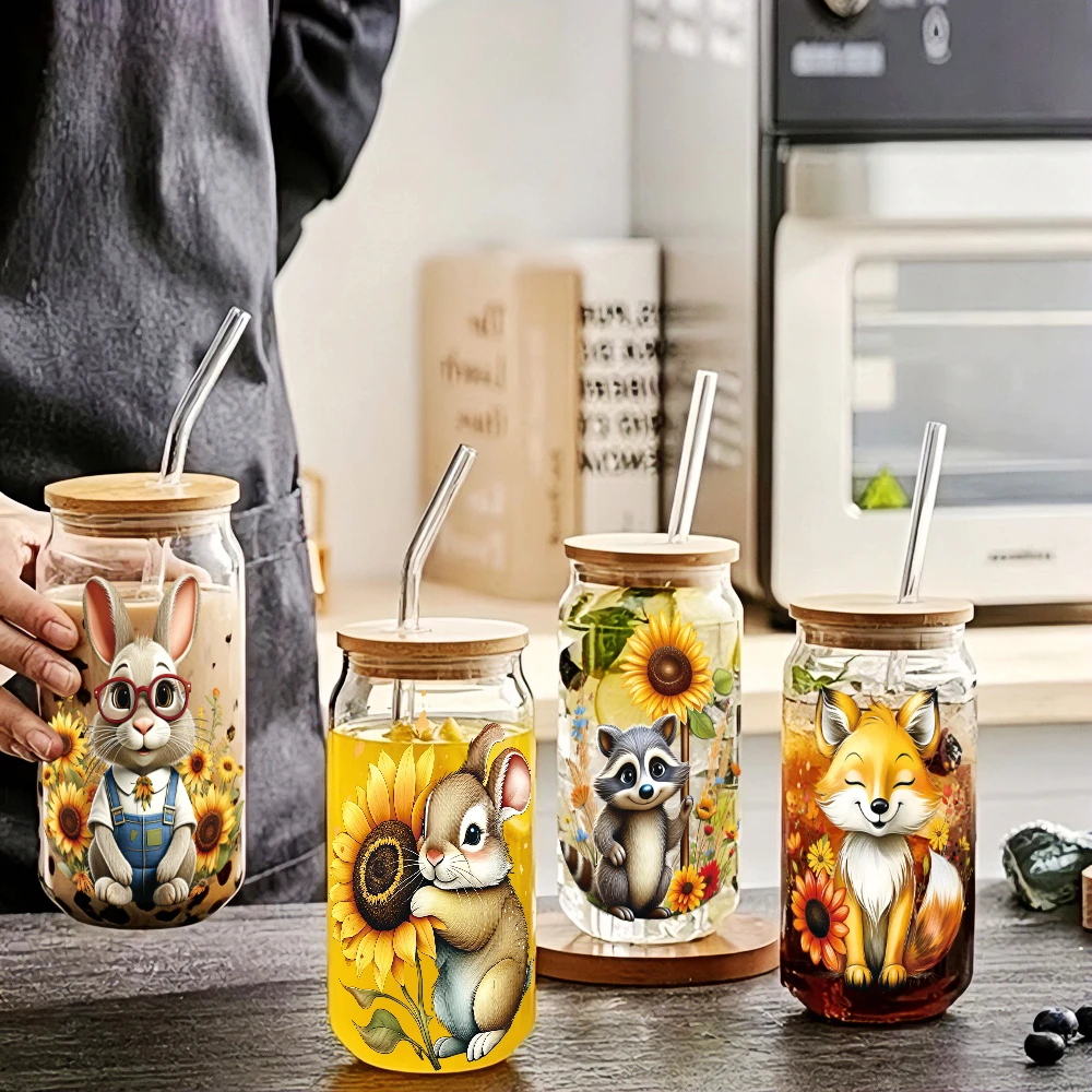 6pcs Yak Rabbit Fox Animal UV DTF Cup Wrap Sunflower Hedgehog Raccoon 3D UV Transfer Sticker Self-adhesive Bloom Mug Cup Wrap view 5