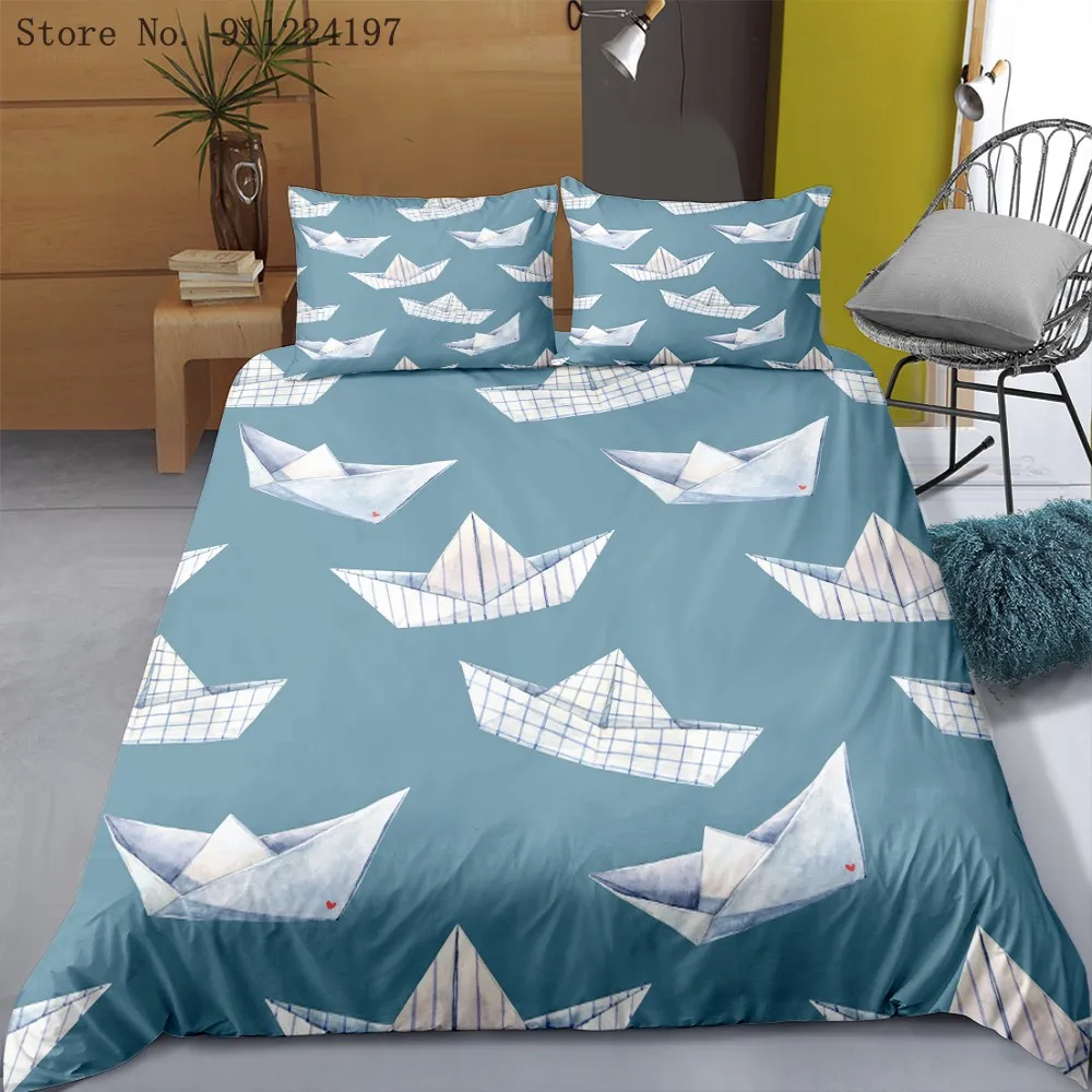 Paper Toy Bedding Set Origami Craft Sailing Ship Thousand Paper Crane Duvet Cover King Queen Paper Art Polyester Quilt Cover