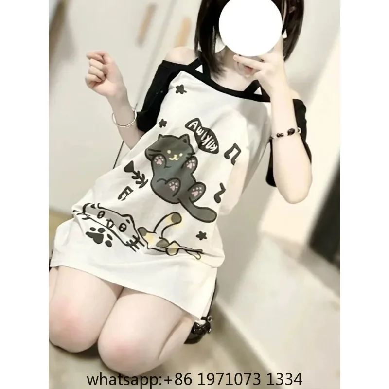 Japanese Patchwork Women Off Shoulder Graphic T Shirts Kawaii Cute Cartoon Print T-shirt Top Summer Y2k Aesthetic Grunge Tees