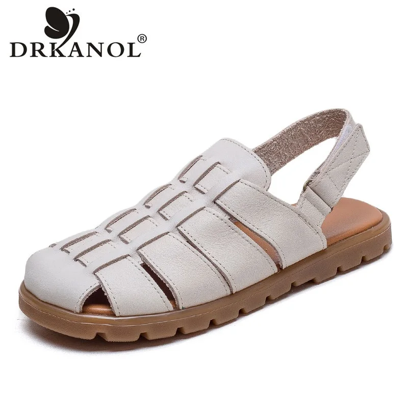 DRKANOL 2026 Women Roman Sandals Summer Shoes Genuine Leather Handmade Woven Hollow Out Breathable Soft Sole Casual Flat Sandals