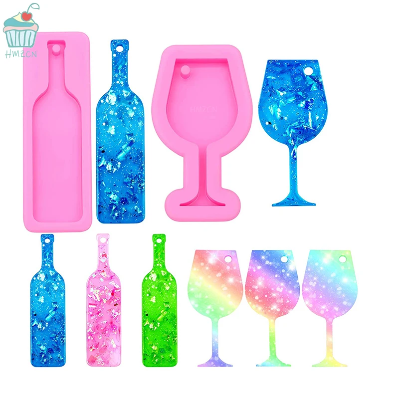 

Wine Bottle Mini Wine Glass Goblet Cup Keychain Silicone Mold with Hole for DIY Baking Crafting Cake Topper Decoration 2Pcs