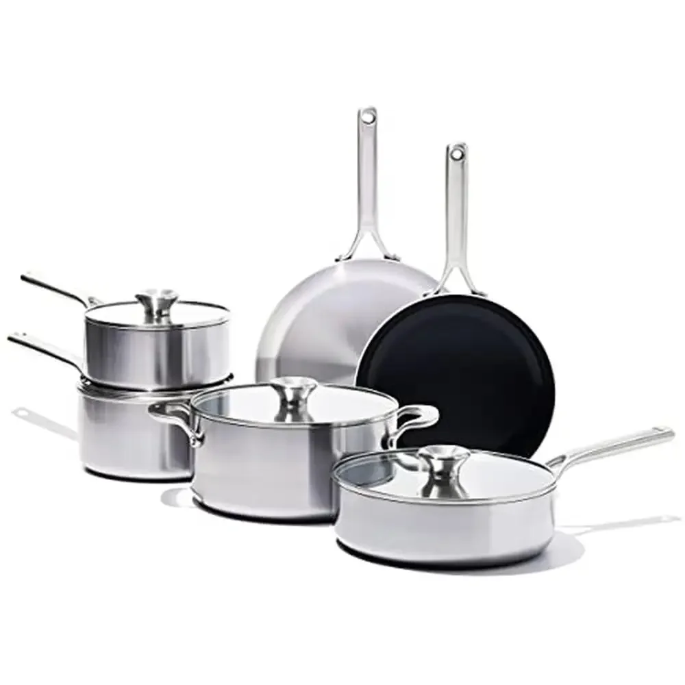 10 Piece Tri-ply Stainless Steel Cookware Set Skillets Saucepans with Nonstick Frying Pan Heat-radiant Aluminum Core Durable