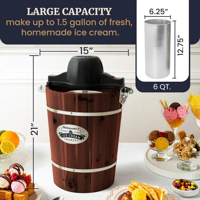 

(UUX)Old Fashioned 6 Quart Vintage Walnut Wood Bucket, Electric Cream Maker Machine Appalachian, Uses Ice and Rock Salt UQ