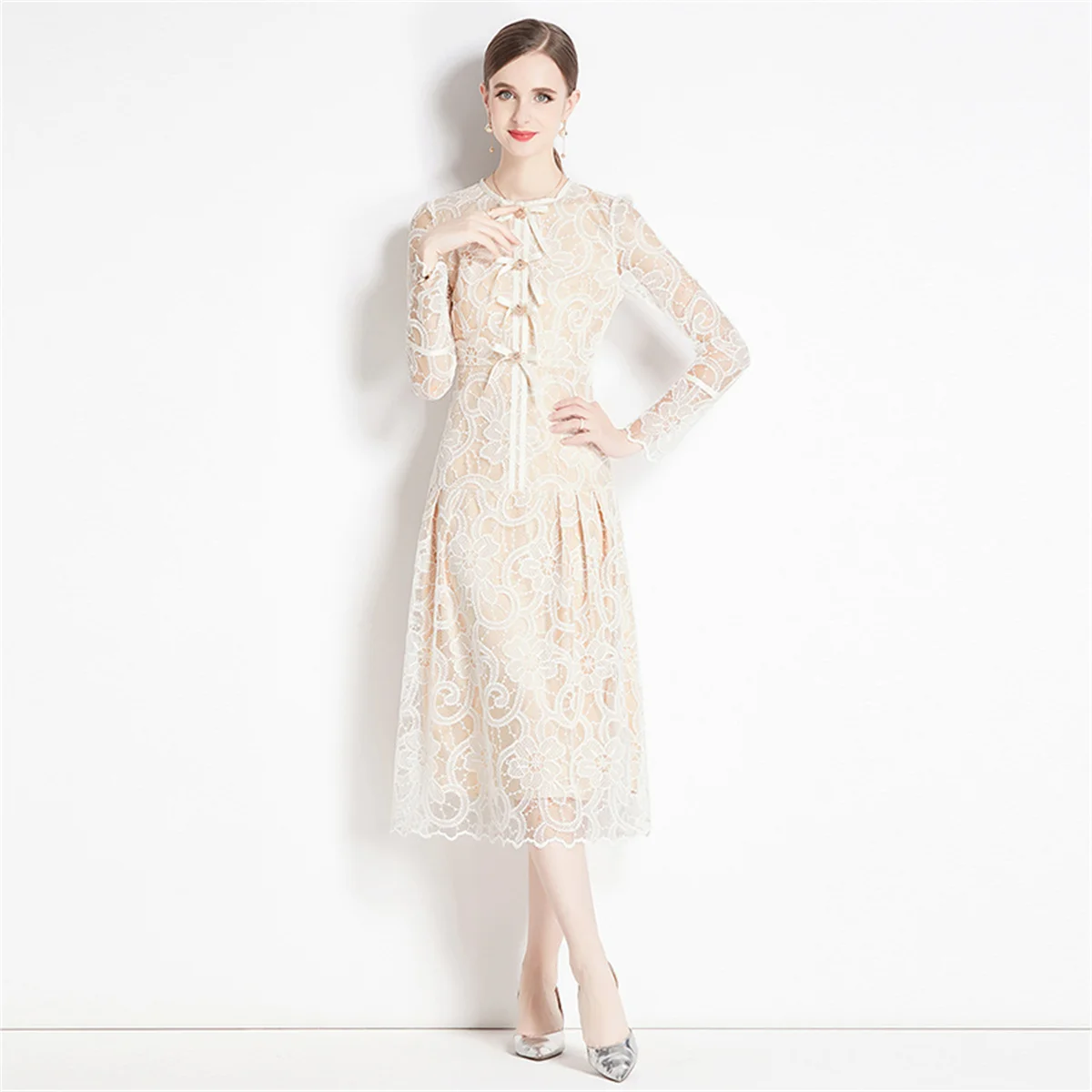 

2024 Spring New Elegant O-neck Long Sleeve Lace Dresses for Women Wedding Prom One Piece Dress Beaded Hollow out White Dress