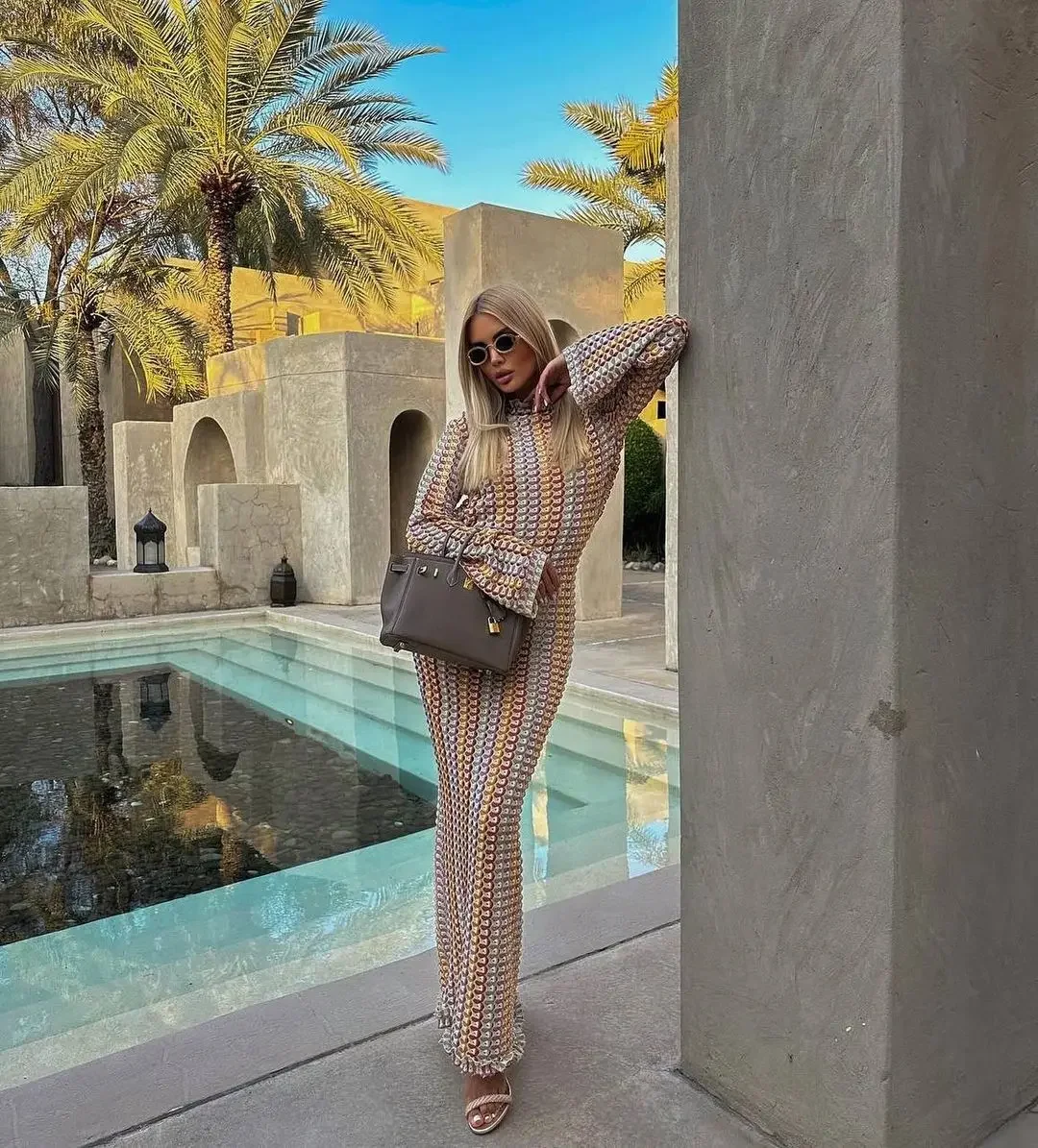 Fdey moda sin espalda vacaciones fiesta batas Vestidos mujeres Chic manga larga verde contraste elegante cuello redondo ceñido al cuerpo Maxi Vestidos