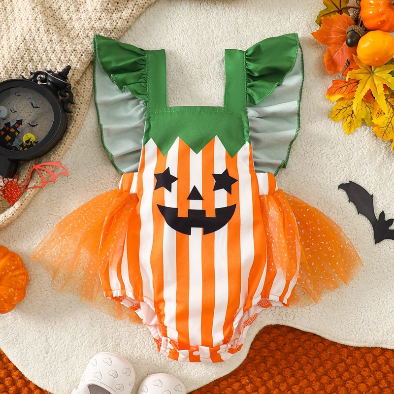 2026 Baby Halloween Pumpkin Splicing Striped Mesh Cute Western Style Flying Sleeve Climbing Dress