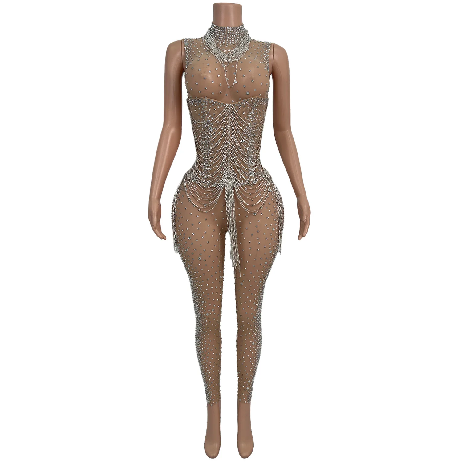 Fengshenku Sleeveless Jumpsuit Skin Tone Mesh Transparent Tight Pants Luxury Light Bar Dancers Celebrity Performance Costume