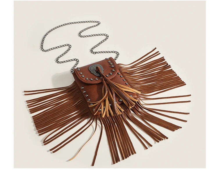 Boho Brown Rivet Fringe Small Bag for Women Handbags Hippie Gypsy Bohemian Tassel Bags Vintage Casual Chain Crossbody Belt Bags