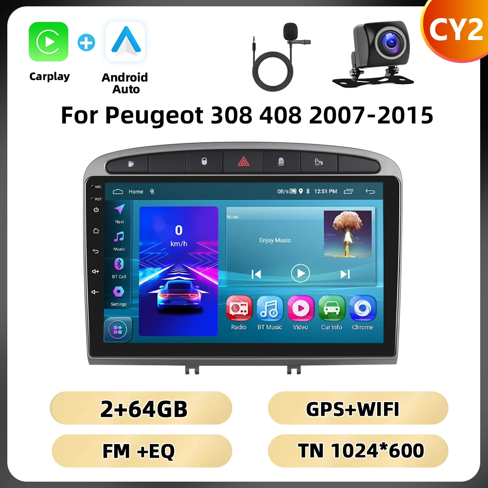 Podofo 2Din 9 ''Autoradio Voor Peugeot 308 408 2007-2015 Multimedia Speler Android Auto Carplay WIFI 4G GPS AI Voice Auto Audio