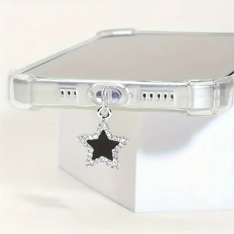 Cute Diamond Black Star Phone Dust plug Accessories Decoration Hanging Pendant for iPhone for Samsung Type-C Charging Port