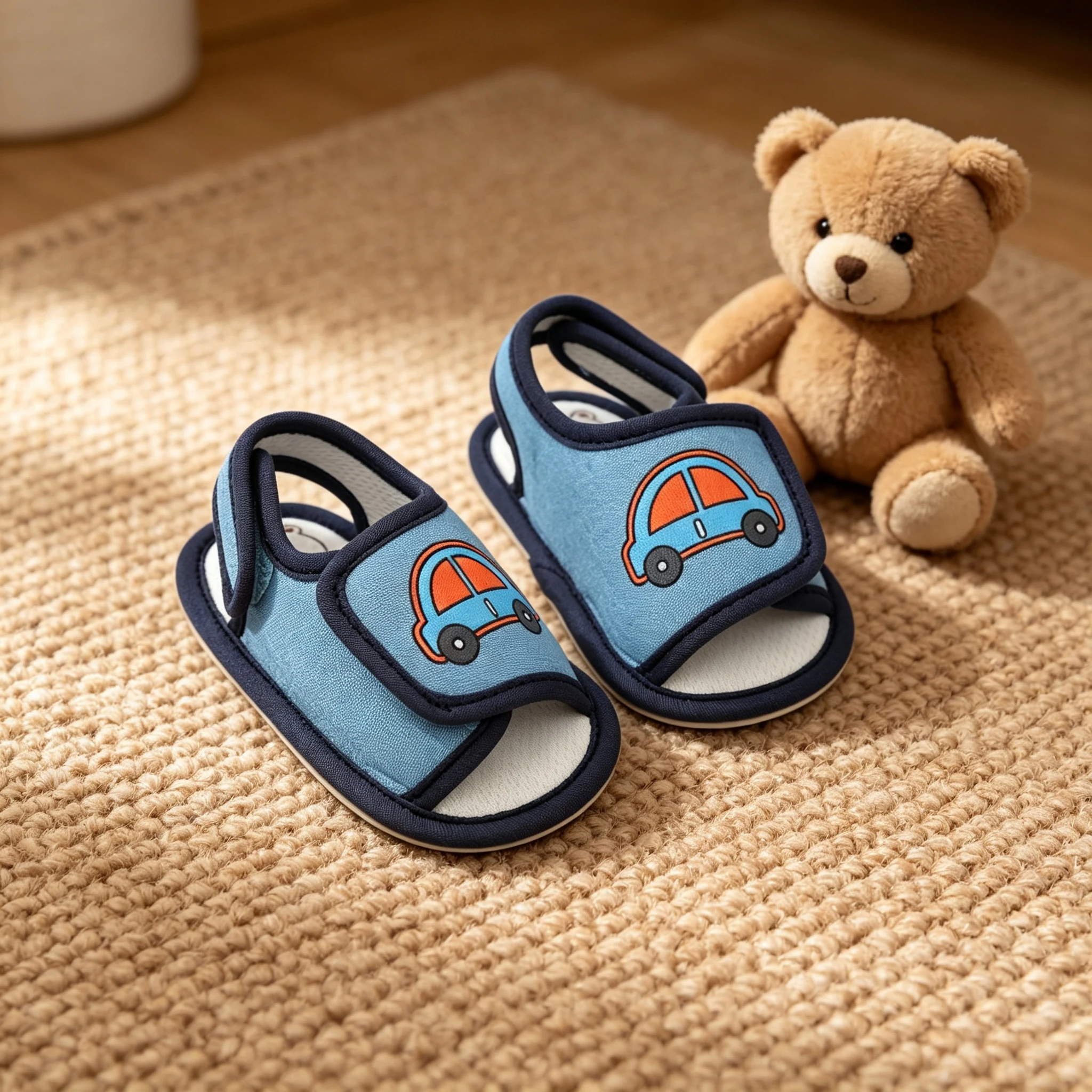 0-18 Months Baby Boy Summer Open-Toe Shoes Cartoon Car Print Velcro Soft Sole Baby Walking Shoes