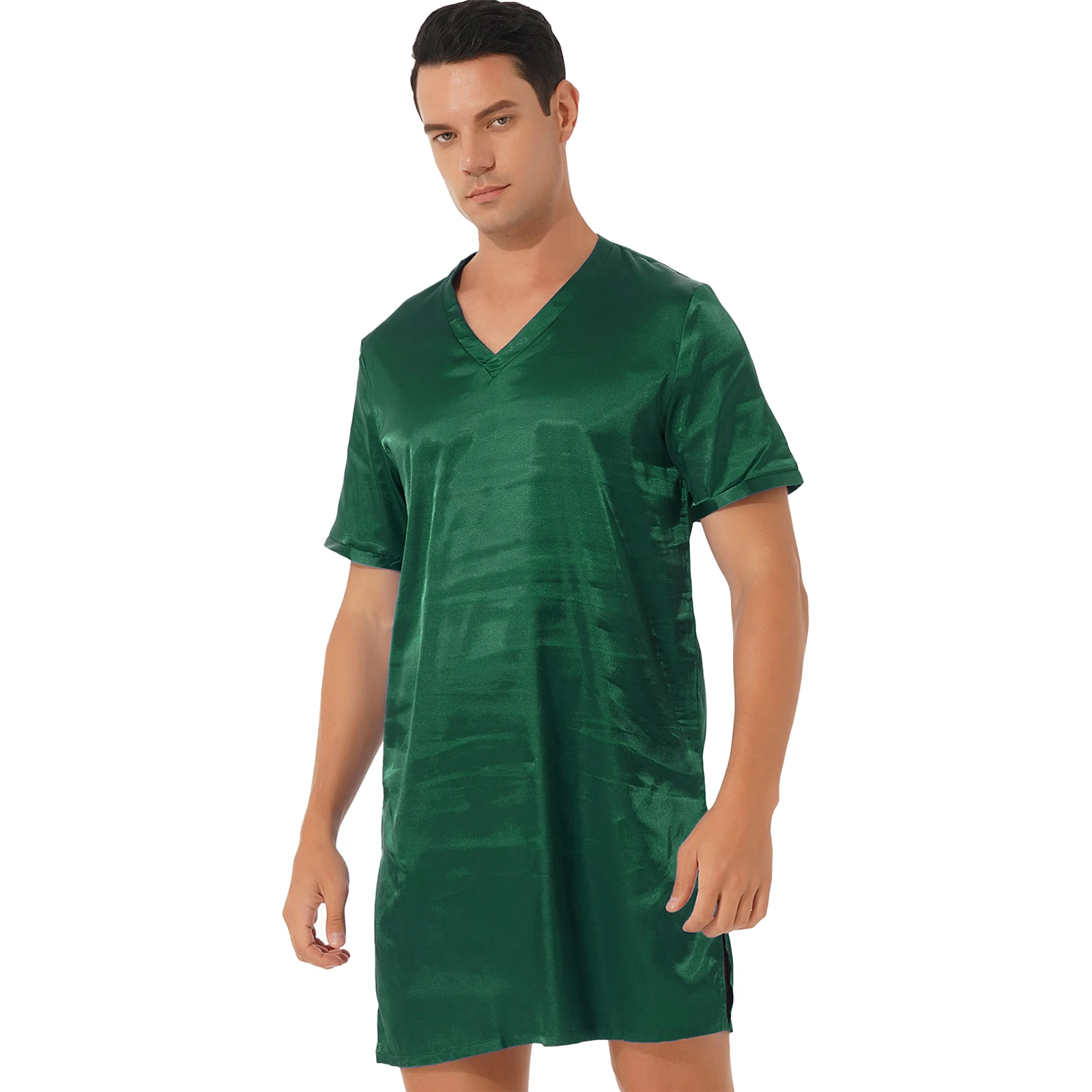 

Mens Women V Neck Short Sleeve Sleepwear Satin Nightshirt Pajamas Nightgown Nightclothes Homewear Sides Split Nightwear