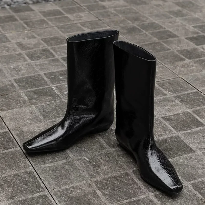 

Aneikeh Fashion Vintage Designer Black Patent Leather Winter Pointed Toe Women Ankle Boots Low Heel Shoes Modern Ladies Botas