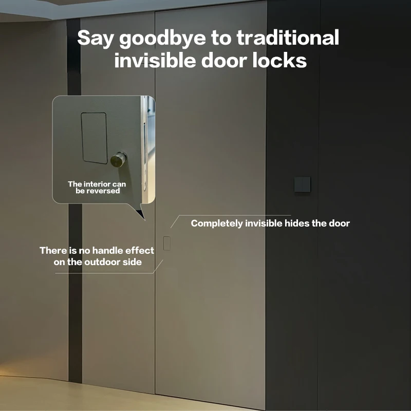 Fechadura de porta invisível sem alça, parede de fundo, dupla face, push-to-open, fechadura magnética interna, anti-bloqueio, fechadura escondida