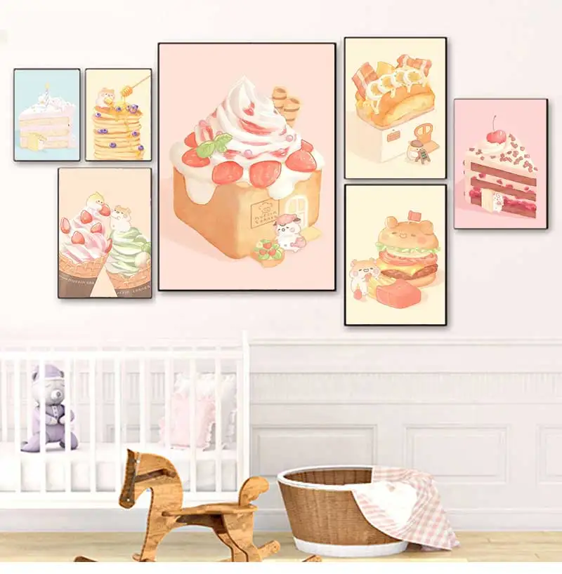 Lovely Pastry Canvas Painting Wall Art Cartoon Cute Muffinmaru Bubble Tea Cake Dessert Prints and Posters Girls Room Dorm Decor