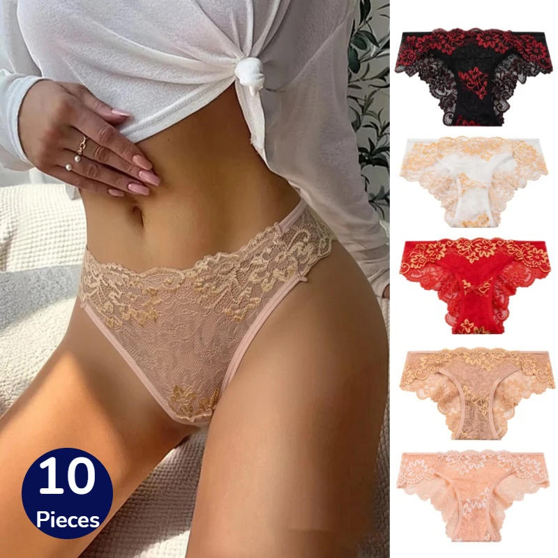 WarmSteps 10 Stück/Set Spitzenblumen-Damenslips Süße Sexy Damenunterwäsche mit Aushöhlungen Modische Slips Bequeme Atmungsaktive Unterhosen