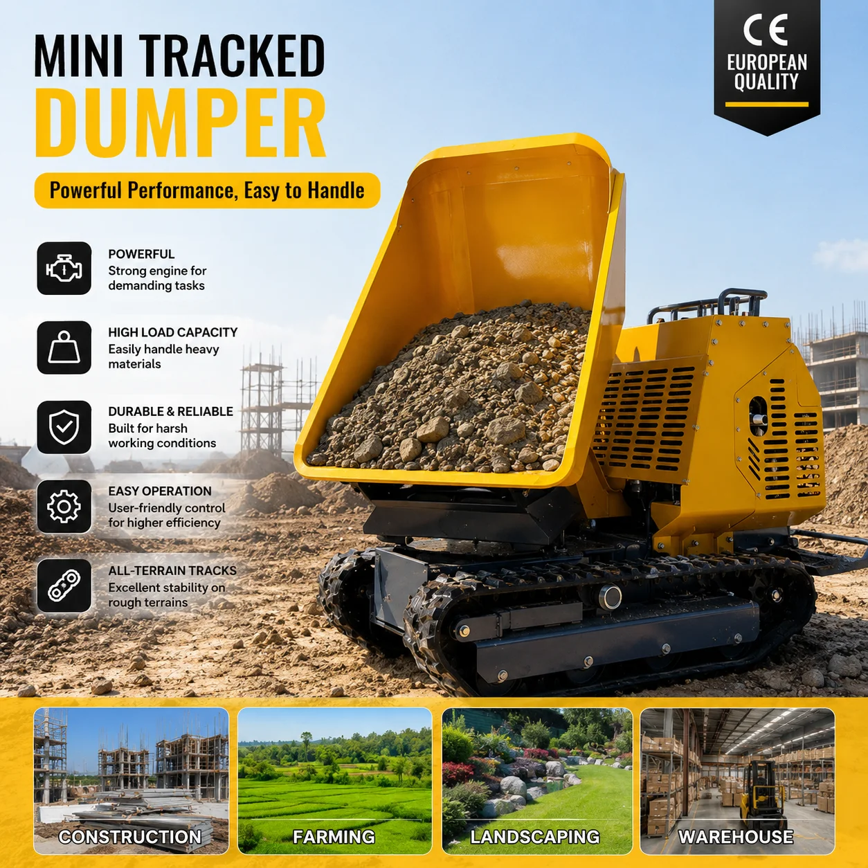 Hydraulic 500kg 1000kg 1200kg Mini Track Dumper Rubber Crawler Rotary Mini Dump Truck for Construction Garden
