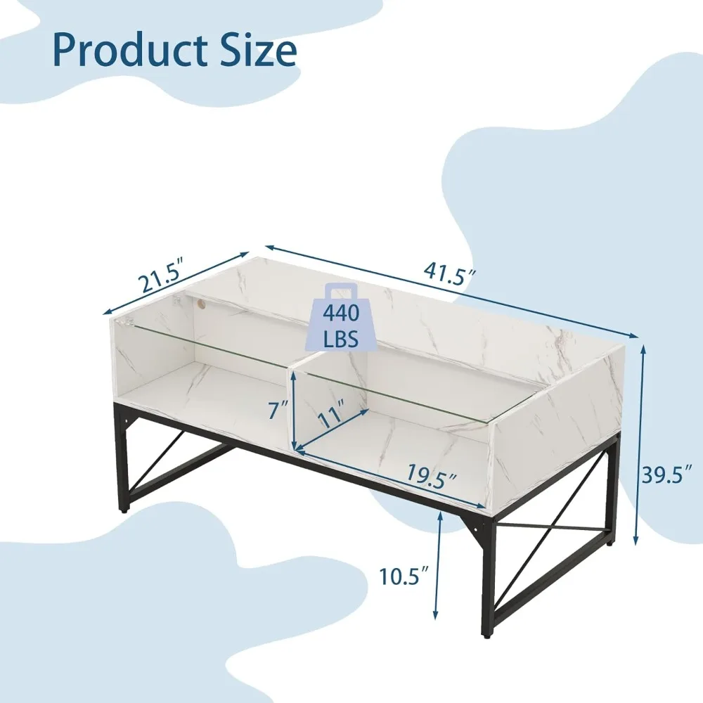 LED Coffee Table with Storage Cubes, High Gloss Faux Marble & Tempered Glass Top, Adjustable Lighting, Modern Living Room Furnit