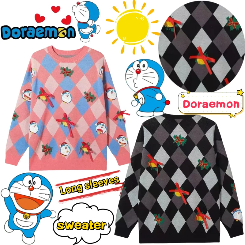 

Вязаный свитер Doraemon с длинными рукавами и креативным высококачественным мультяшным принтом, милый и свежий милый рождественский пуловер для девочек