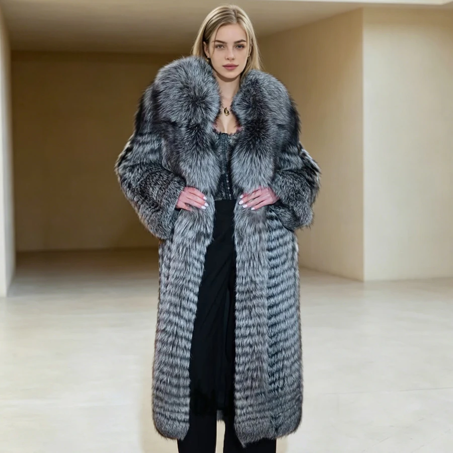 

Genuine Silver Fox Fur Coats Long Real Fur Jackets With English Collar Women's Leather Fur Coats Fashion Natural Fur Overcoat