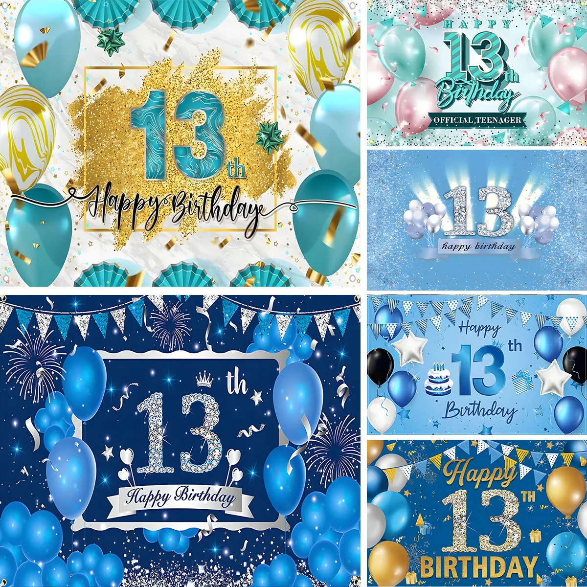 Happy 13th Birthday Party Backdrop Banner Poster 13 Years Old for Girls Boys Black Gold Balloon Official Teenager Background