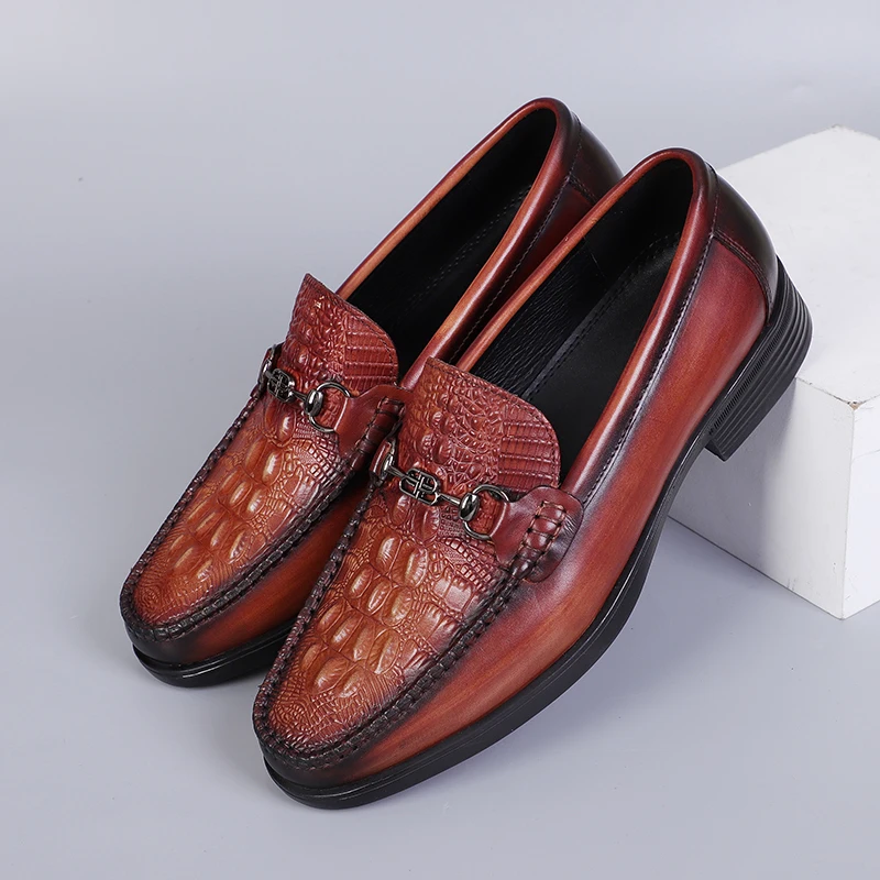 

Мужские кожаные лоферы верхнего зерна с подкладкой из свиной кожи, модельные туфли с металлической пряжкой и крокодиловым узором для делового повседневного офиса