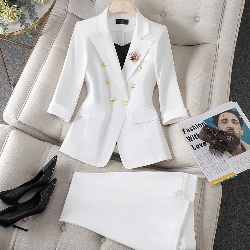 

Office Lady Summer New Blazer Pants Suits 2 Piece Matching Set Women Conjunto Para Mujeres Work Wear Trousers Suits White Outfit