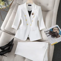 Office Lady Summer New Blazer Pants Suits 2 Piece Matching Set Women Conjunto Para Mujeres Work Wear Trousers Suits White Outfit