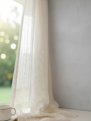 Curtain linen Sheer 1pc Japanese striped design linen Sheer Curtain Beige Color Light Filtering Privacy for Window Door Bedroom Living room Decor