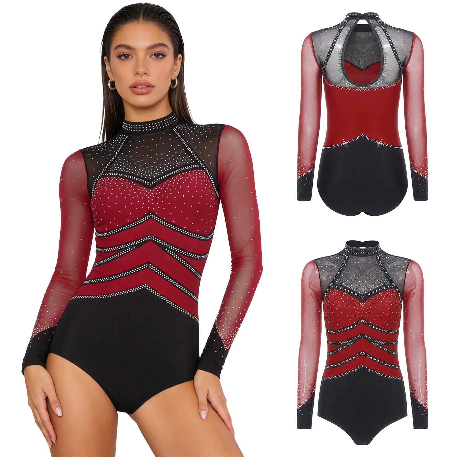 

Womens Shiny Rhinestone Artistic Gymnastics Ballet Dance Leotards Figure Skating Acrobatics Costume Mesh Long Sleeve Jumpsuit