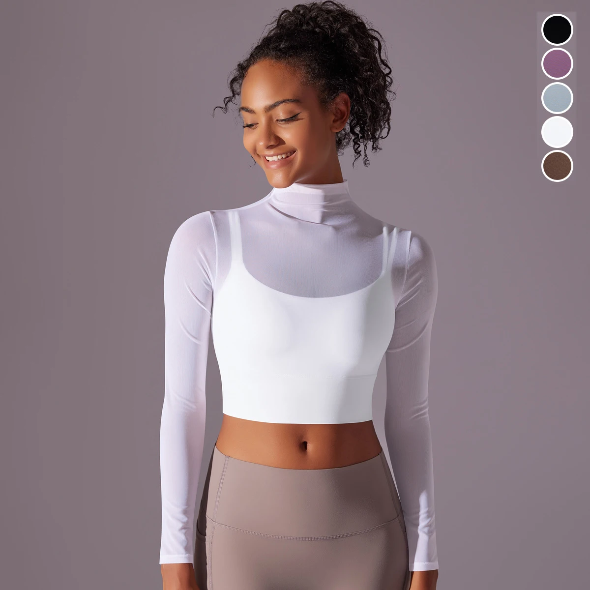 

Women Long Sleeve Yoga Shirt Slim Fit Turtle Neckline 2 In 1 Gym Running Crop Top Breathable Fitness Shirt With Chest Pads