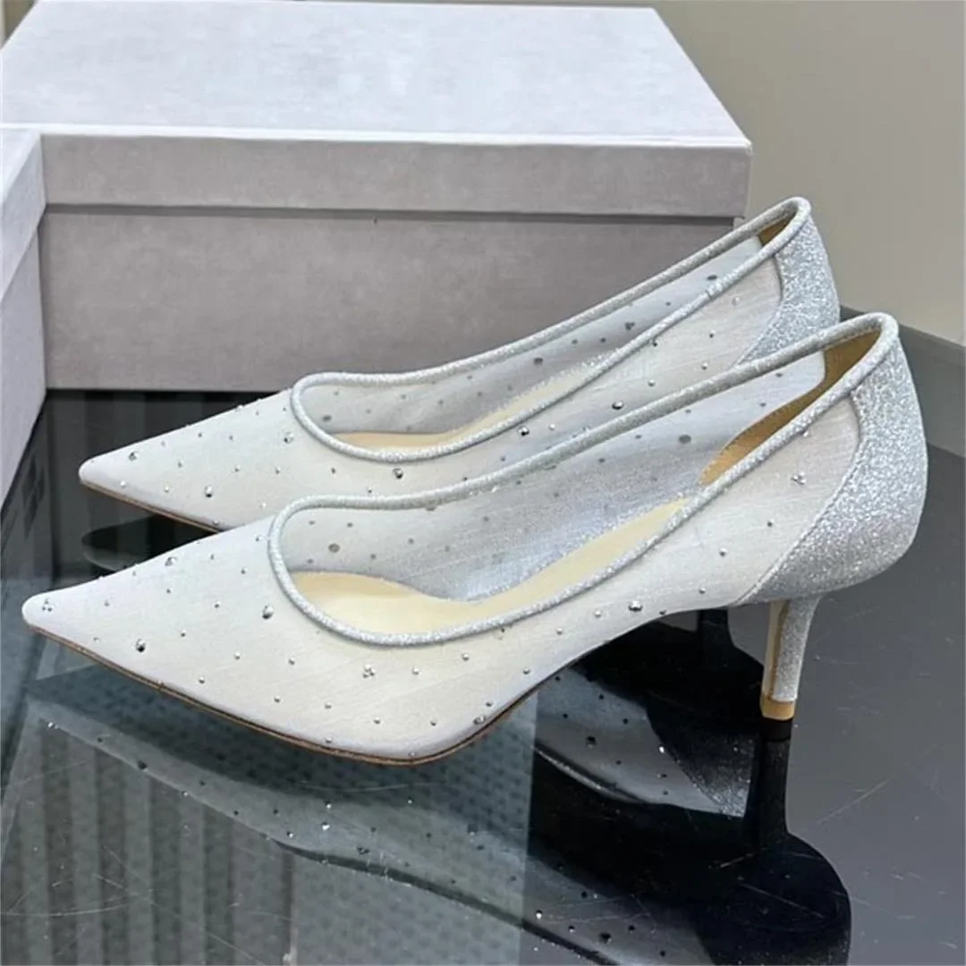 

Красочные сетчатые туфли с кристаллами, женские туфли на высоком каблуке с острым носком и стразами, элегантные туфли-лодочки на шпильке, модные модельные туфли для свадебной вечеринки
