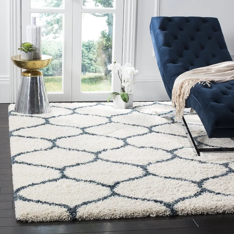 

Hudson Shag Collection Area Rug - 8' x 10', Ivory & Slate Blue, Trellis Design, Non-Shedding & Easy Care, 2-inch Thick Ideal