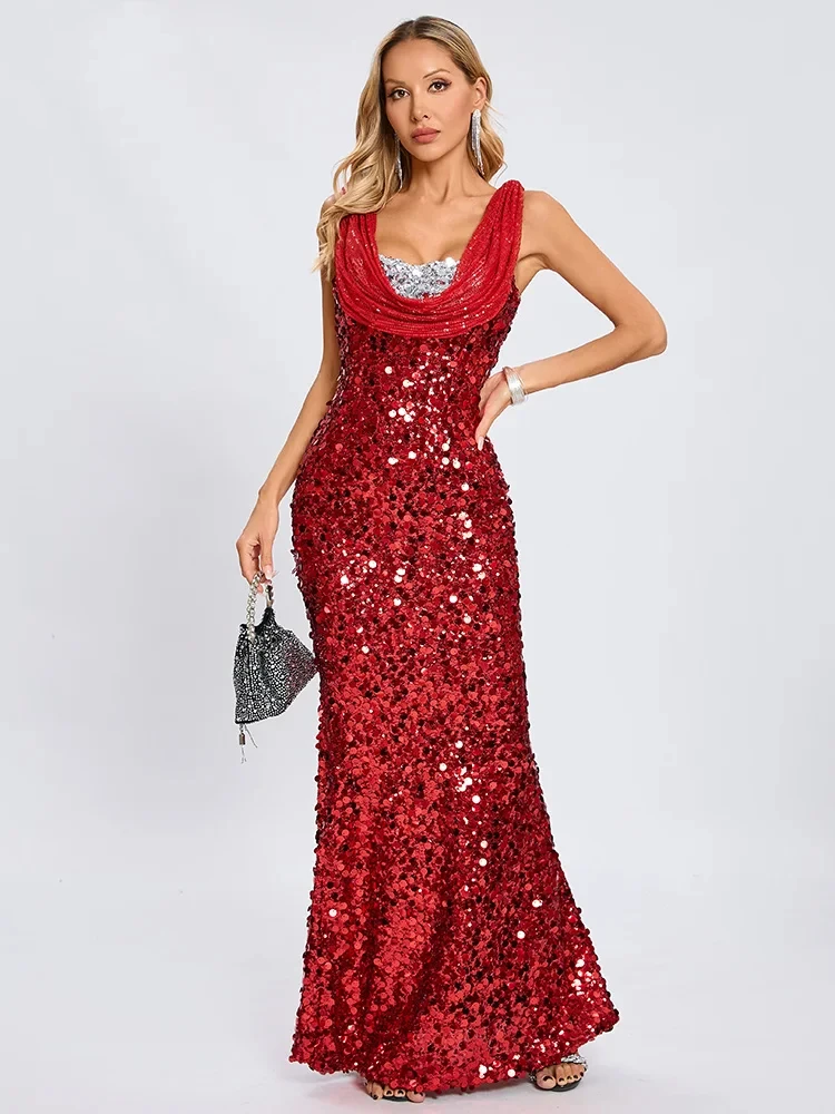Festa à noite vermelho lantejoulas glitter vestido longo dupla camada pescoço sem mangas brilhante pergaminho vestidos finos