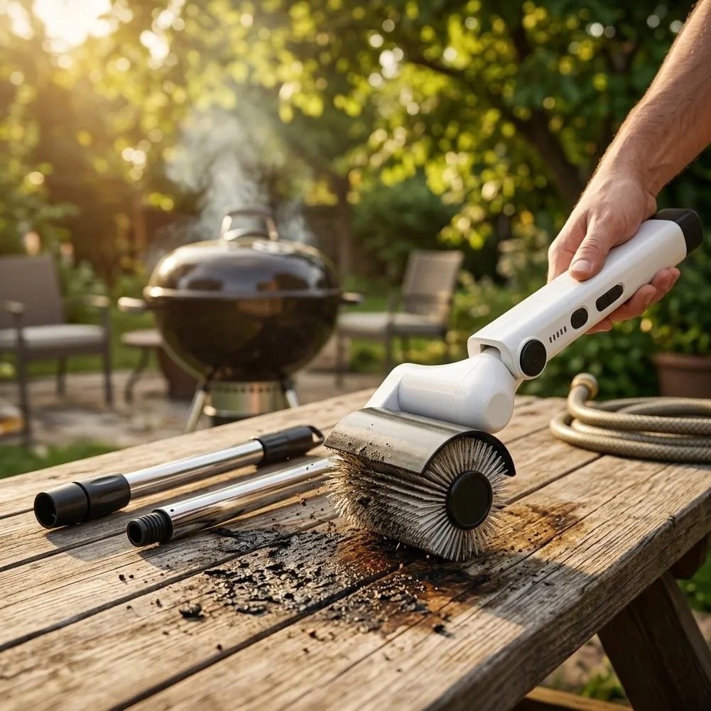 for Power Cordless Electric Grill Brush with 3 Removable Rollers and Adjustable Extension Pole for All Standard Grill Types