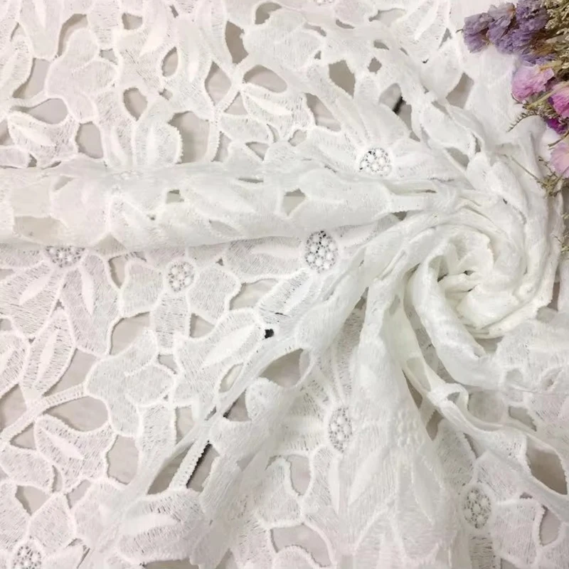 1yd White Leaf Pattern Water Soluble Embroidery High Quality African Guipure Cord Lace Fabric For Nigerian Wedding Party Dresses